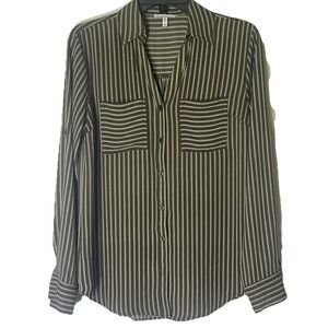 Maurice's XS Green Cream Striped Blouse Roll Tab Sleeve Button In Front Pocket